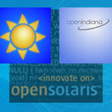 A yellow sun logo, an OpenIndiana wordmark, and a blurred OpenSolaris “innovate on” graphic arranged on a blue background.