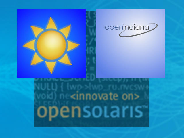 A yellow sun logo, an OpenIndiana wordmark, and a blurred OpenSolaris “innovate on” graphic arranged on a blue background.