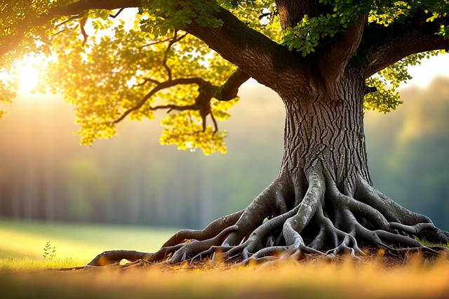 Majestic old tree with sprawling roots and golden sunlit canopy in a peaceful meadow setting.