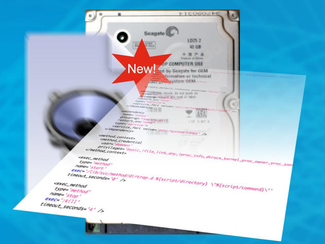 A red “New!” star badge overlays a Seagate hard drive and a page of XML service manifest code, beside a speaker icon.