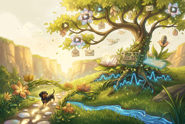 A whimsical digital illustration depicts a serene valley landscape where nature and technology blend together. A large, gnarled tree with golden-yellow foliage dominates the center, its branches adorned with magical flowers featuring play button symbols, hanging envelopes, and paper airplanes. At the tree’s base, a calculator, keyboard, and open book are nestled among green vines and leaves. A small black and tan dachshund stands on a stone path in the foreground, surrounded by golden flowers and stepping stones. A glowing blue stream with digital wave patterns flows through the grassy valley. Steep canyon cliffs frame both sides under a warm, hazy sky. The entire scene glows with soft, golden sparkles and light, creating a dreamy atmosphere that represents the fusion of digital communication and natural beauty.