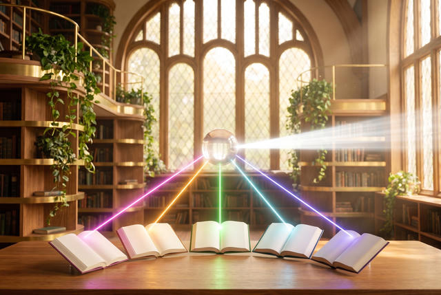 Five open books on a wooden table in a sunlit library, each sending a coloured ray of light up into a glass orb, which combines them into a single white beam.