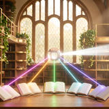 Five open books on a wooden table in a sunlit library, each sending a coloured ray of light up into a glass orb, which combines them into a single white beam.