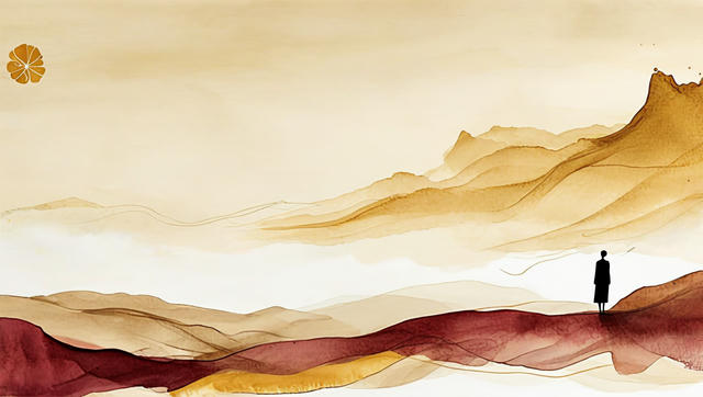 A watercolor illustration of a solitary figure in dark clothing standing on a vast, layered desert landscape. The scene features rolling sand dunes in warm tones of beige, tan, and gold, with deep burgundy and rust-colored bands flowing across the foreground. A golden sun or citrus slice appears in the upper left corner. The composition conveys a sense of isolation and contemplation in an arid, minimalist environment.