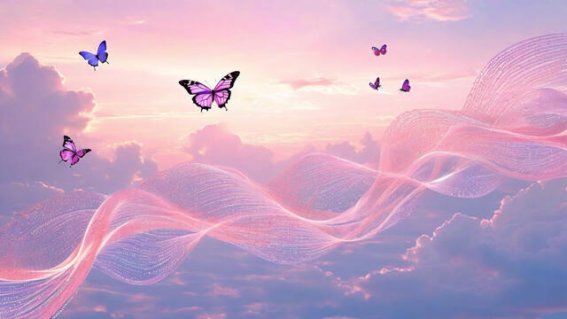 A dreamy, ethereal landscape with soft pink and purple clouds in a pastel sky. Flowing sine waves made of code characters weave through the scene in translucent ribbons of light, creating gentle wave patterns. Several colorful butterflies - including blue, purple, and pink ones - flutter gracefully across the composition. The overall mood is serene and fantastical, blending programming elements with natural beauty.
