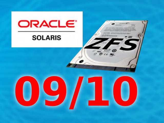Oracle Solaris logo beside a laptop hard drive labeled “ZFS,” with “09/10” in large red text below on a blue background.