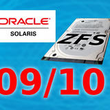 Oracle Solaris logo beside a laptop hard drive labeled “ZFS,” with “09/10” in large red text below on a blue background.