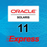 Oracle Solaris logo above the bold black number 11 and the word “Express” in red italics, on a blue textured background.
