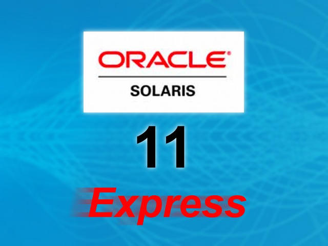 Oracle Solaris logo above the bold black number 11 and the word “Express” in red italics, on a blue textured background.