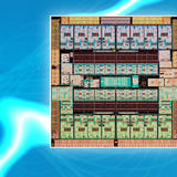 Close-up of a computer processor chip die, showing multiple symmetrical colored cores and circuit blocks on a blue tech-themed background.