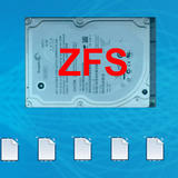 A laptop hard drive labeled “ZFS” in large red text sits above a row of six generic file icons on a blue background.