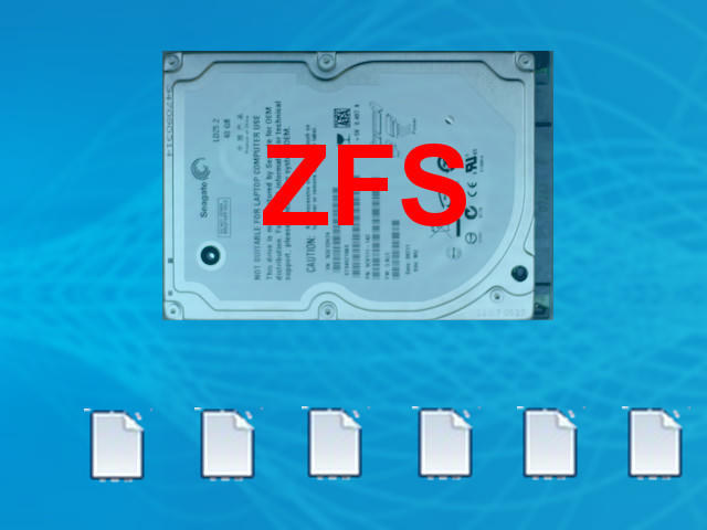 A laptop hard drive labeled “ZFS” in large red text sits above a row of six generic file icons on a blue background.