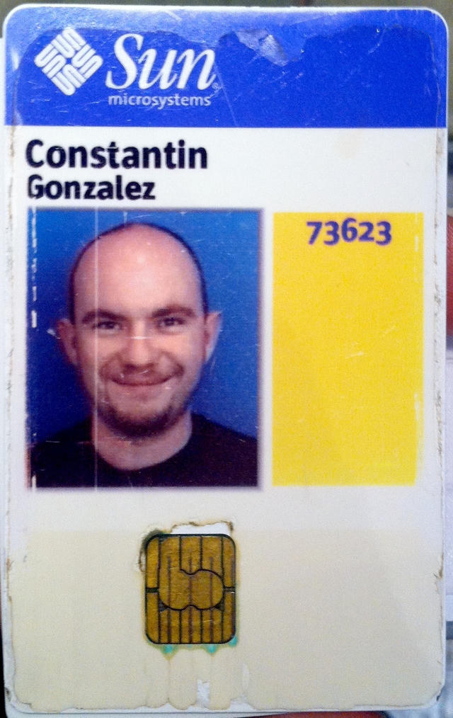 Constantin’s worn Sun Microsystems employee ID badge with his photo, name “Constantin Gonzalez,” and number 73623.