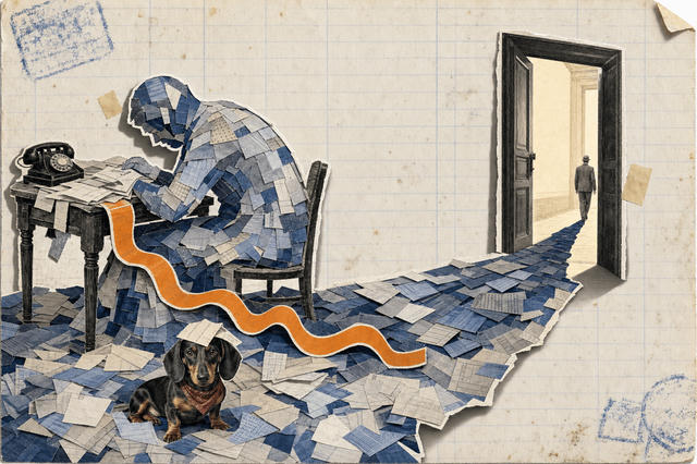 A hand-made-style paper collage on a sheet of old ledger paper. On the right, a man in a suit walks away through an open doorway into daylight. His shadow stretches back across the floor to the left, but it is not dark: it is assembled from hundreds of cut-out paper receipts and forms. The shadow has not followed him. It sits hunched over a desk, still working, while a bright orange till roll unspools across the floor. A small black-and-tan dachshund in a red bandana sits in the paper pile, a receipt stuck to his head, looking at the viewer.