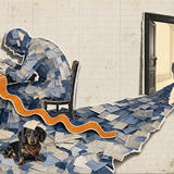 A hand-made-style paper collage on a sheet of old ledger paper. On the right, a man in a suit walks away through an open doorway into daylight. His shadow stretches back across the floor to the left, but it is not dark: it is assembled from hundreds of cut-out paper receipts and forms. The shadow has not followed him. It sits hunched over a desk, still working, while a bright orange till roll unspools across the floor. A small black-and-tan dachshund in a red bandana sits in the paper pile, a receipt stuck to his head, looking at the viewer.