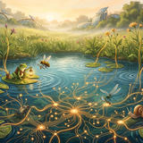 A fantastical illustration of a serene pond ecosystem at sunrise, surrounded by vibrant wildflowers and lush vegetation. In the water, a frog holds a lantern on a lily pad while a bee hovers nearby. Golden glowing lines connect various insects—including dragonflies, a beetle, and a snail—representing an interconnected network or ecosystem. Solar panel-topped greenhouse domes are visible in the misty background among trees. The warm, ethereal lighting and whimsical art style suggest themes of nature, technology, sustainability, and ecological harmony.