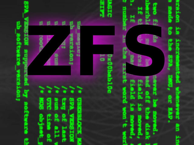 The bold black letters “ZFS” glow with purple light over blurred green terminal code text on a dark background.
