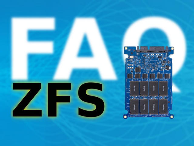 An open SSD circuit board with exposed memory chips sits beside large bold “FAQ” and “ZFS” text on a blue background.
