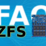An open SSD circuit board with exposed memory chips sits beside large bold “FAQ” and “ZFS” text on a blue background.